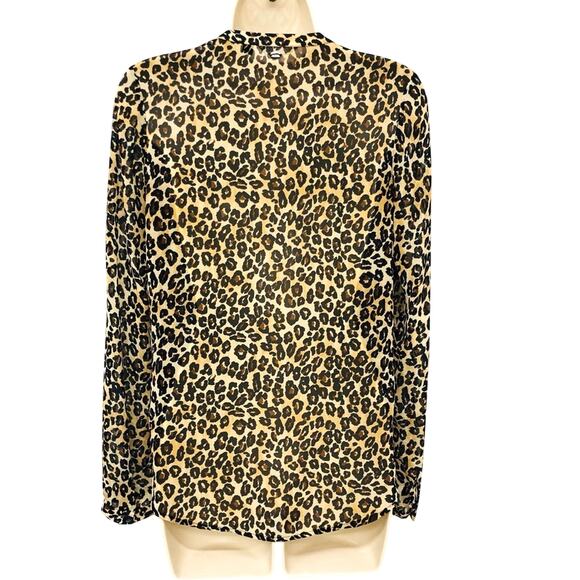Guess Mobwife Semi Sheer Leopard Print V Neck Long Sleeve Button Front Blouse - Picture 2 of 16